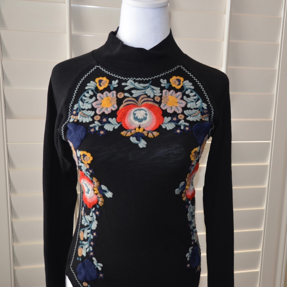 Free People Embroidered Mock Neck Pull Over Shirt